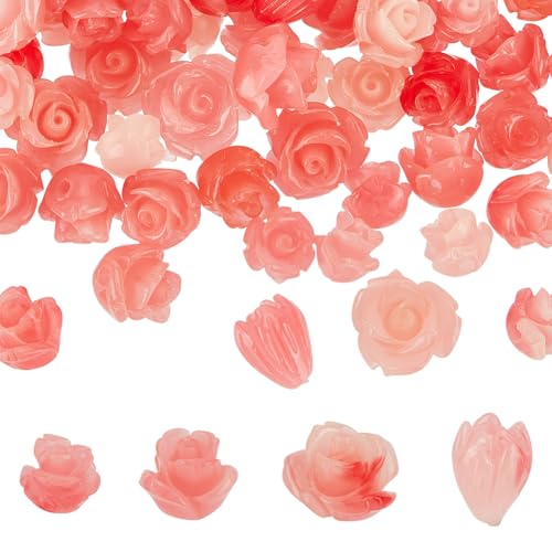 OLYCRAFT 60 Stück 4 Größen Rosenblütenperlen Synthetische Korallenperlen 3D Rosa Rosenperlen Rose Geschnitzte Lose Perlen Florale Abstandsperlen Für Armbänder Halsketten Schmuckherstellung von OLYCRAFT
