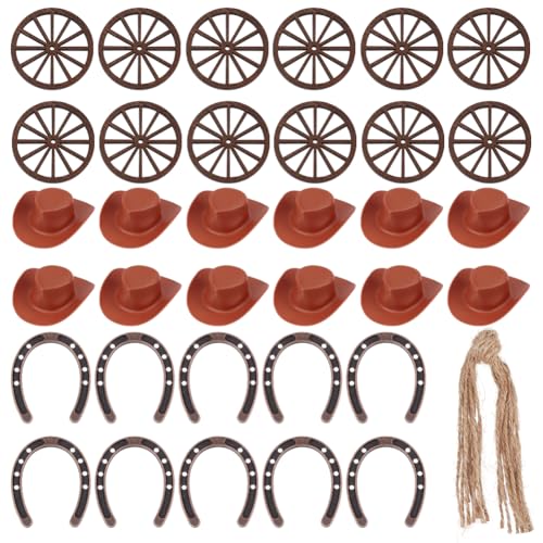 OLYCRAFT 93 Stück Western Thema Party Dekorationen enthalten 30 Stück Mini Cowboy Hüte 24 Stück Wagon Wheel Set 24 Stück Hanf Seil 15 Stück Hufeisen Link Cowboy Tisch Centerpieces Mini Hufeisen von OLYCRAFT