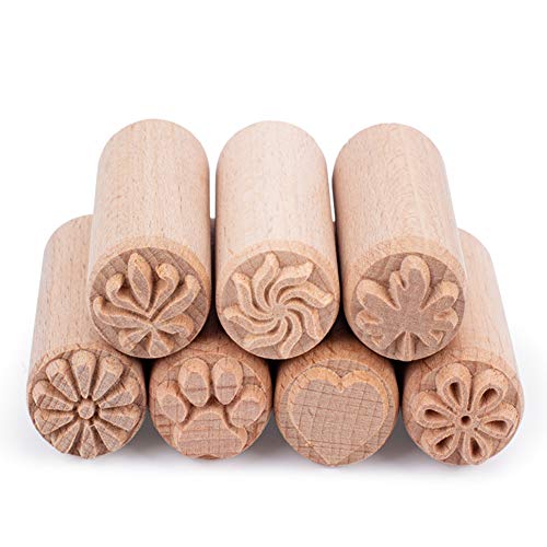 OLYCRAFT 7 Stück 5,1 x 2,3 cm Holz-Keramik-Werkzeuge Stempel Tonstempel Säulen Holzstempel Naturholzstempel mit gemischten Mustern Runde Keramikstempel Holz-Keramikstempel für Ton und Keramik von OLYCRAFT