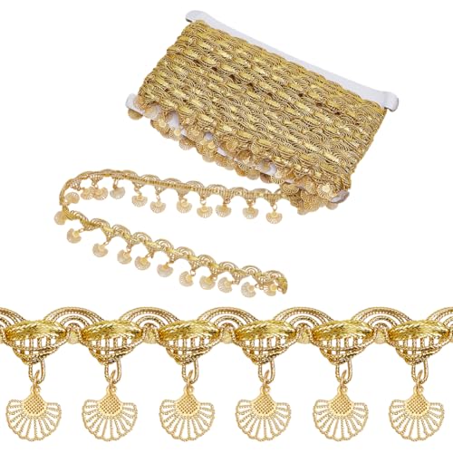 OLYCRAFT 9,1 m Münzform Pailletten Quaste Trim Gold Ahornblatt Pailletten Trim 3,6 cm breit Spitze Quaste Fransen Trim Pailletten Quaste Spitzenband Fransen für Gürtelkette Stoff Dekoration von OLYCRAFT