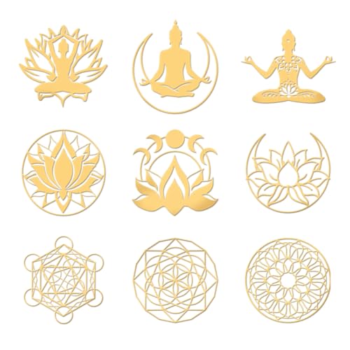 OLYCRAFT 9 Stück 4x4 cm Blume Des Lebens Metallaufkleber Buddha Lotus Selbstklebende Goldaufkleber Mystisches Goldaufkleber Für Sammelalben DIY Kunstharzhandwerk Telefon Wasserflaschendekor von OLYCRAFT