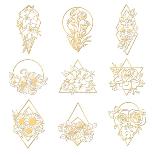 OLYCRAFT 9 Stück 4x4 cm Goldene Metall-Aufkleber Geometrie-Blumen-Aufkleber Selbstklebende Sonnenblumen-Rosen-Aufkleber Lilien-Pflanzen-Thema Aufkleber Für DIY-Sammelalben Epoxidharz-Dekoration von OLYCRAFT