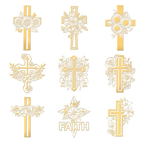 OLYCRAFT 9 Stück 4x4 cm Kreuz-Metallaufkleber Kreuz Mit Blume Selbstklebende Goldaufkleber Glaubensthema Metall-Goldaufkleber Für Sammelalben DIY-Harzhandwerk Telefon-Wasserflaschen-Dekor von OLYCRAFT