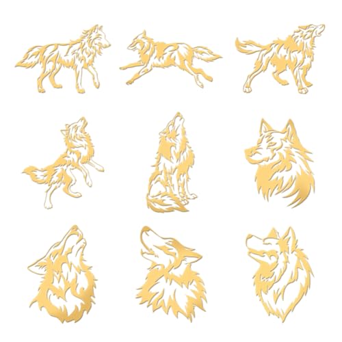 OLYCRAFT 9 Stück 4x4 cm Wolf-Metallaufkleber Wolf-Heul-Muster Selbstklebende Goldene Aufkleber Tierthema Metall-Goldaufkleber Für Sammelalben DIY Kunstharz Basteln Telefon Wasserflasche Dekor von OLYCRAFT