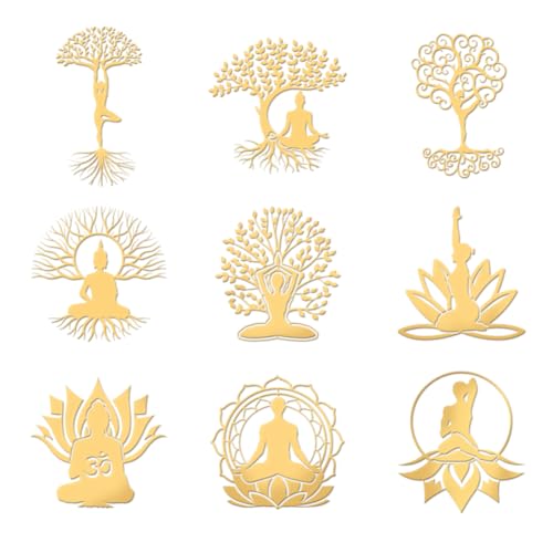 OLYCRAFT 9 Stück 4x4cm Baum Des Lebens Metallaufkleber Yoga Lotus Selbstklebende Goldene Aufkleber Buddha Baum Metallgoldaufkleber Für Sammelalben DIY Harz Handwerk Telefon Wasserflasche Dekor von OLYCRAFT