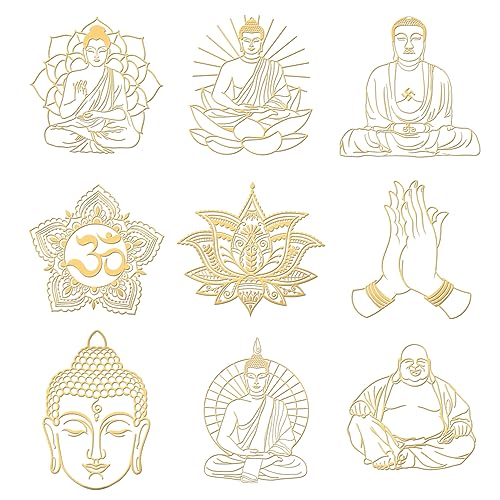 OLYCRAFT 9 Stück 4x4cm Buddha Themenaufkleber Spirituelle Aufkleber Selbstklebende Goldene Metallaufkleber Buddhistische Lotus Metallaufkleber Für Sammelalben DIY Basteln Telefondekoration von OLYCRAFT