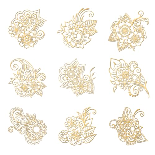 OLYCRAFT 9 Stück 4x4cm Goldene Metall Aufkleber Blumen Aufkleber Selbstklebende Henna Mandala Aufkleber Goldene Epoxid Aufkleber Für DIY Sammelalben Epoxidharz Kunsthandwerk Wasserflaschen Dekor von OLYCRAFT