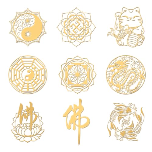 OLYCRAFT 9 Stück 4x4cm Orientalisches Thema Metallaufkleber Buddha Muster Selbstklebende Goldene Aufkleber Yin Yang Koi Metallgoldaufkleber Für DIY Harz Handwerk Telefon Wasserflasche Dekor von OLYCRAFT