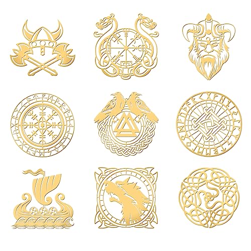 OLYCRAFT 9 Stück 4x4cm Religionsthema Aufkleber Wikinger Zeichen Muster Aufkleber Selbstklebende Goldene Aufkleber Metall Goldaufkleber Für Sammelalben Telefon Und Wasserflaschen Dekoration von OLYCRAFT