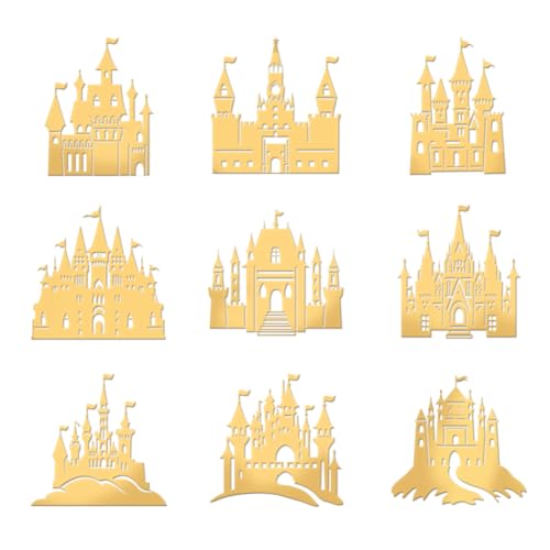 OLYCRAFT 9 Stück 4x4cm Schloss Goldene Metallaufkleber Fantasy Themenaufkleber Selbstklebende Energieaufkleber Goldene Epoxidaufkleber Für DIY Sammelalben Epoxidharzdekoration von OLYCRAFT