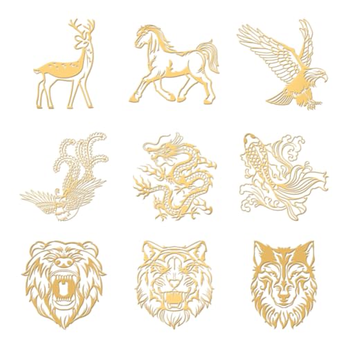 OLYCRAFT 9 Stück 4x4cm Tierthema Aufkleber Orientalischer Drache Aufkleber Selbstklebende Goldene Metallaufkleber Wolf Hirsch Metallaufkleber Für Sammelalben DIY Basteln Telefondekoration von OLYCRAFT