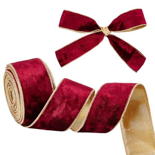 OLYCRAFT 9 m Dunkelrotes Samtband Mit Draht 5cm Breites Samtband Einseitiges Samtstoffband Mit Besatz Aus Samt Mit Goldrand Zum Verpacken von Geschenken Zum Basteln von Schleifen Weihnachtsdekoration von OLYCRAFT