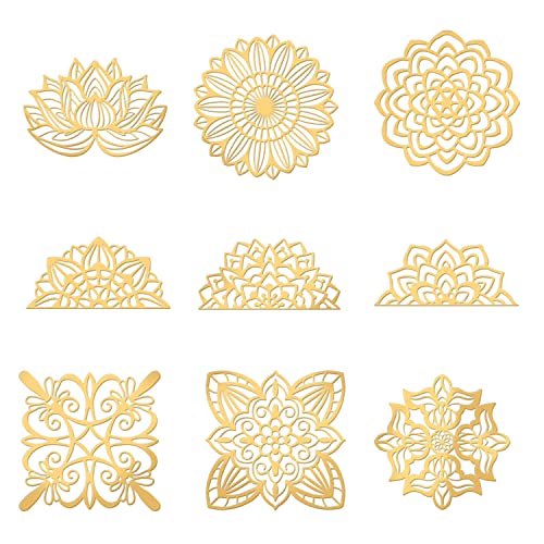 OLYCRAFT 9 stücke Mandela Floral Goldene Messing Aufkleber Selbstklebende Aufkleber Metall Aufkleber Lotus Aufkleber für Sammelalben DIY Kunstharz Handwerk Telefon Wasserflasche Dekor - 4x4cm von OLYCRAFT