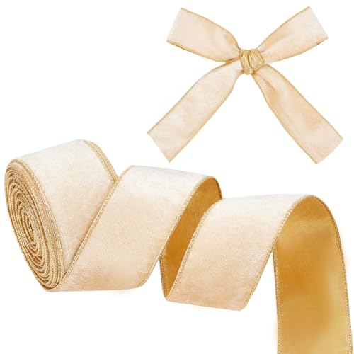 OLYCRAFT 9.1 m Champagner Goldenes Samtband Mit Draht 6.3cm Breit Einseitiger Samtstoffbesatz Samtband Mit Goldrand Zum Verpacken von Geschenken Zum Basteln von Schleifen Weihnachtsdekoration von OLYCRAFT