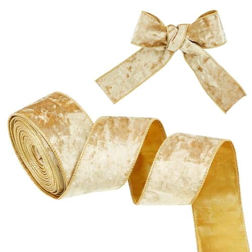 OLYCRAFT 9.1 m Champagner Goldenes Samtband Mit Draht 6.3cm Breit Einseitiger Samtstoffbesatz Samtband Mit Goldrand Zum Verpacken von Geschenken Zum Basteln von Schleifen Weihnachtsdekoration von OLYCRAFT