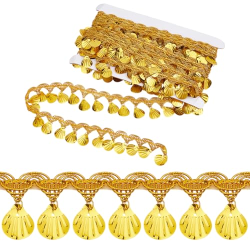 OLYCRAFT 9.14 m Goldene Pailletten Quastenborte In Muschelform 38mm Breit Pailletten Quasten Spitzenband Pailletten Spitzenquasten Fransenborte Polyester Fransen Spitzenborte Für Kleidungsdekoration von OLYCRAFT