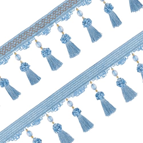 OLYCRAFT Fransenbesatz Mit Perlen 4 m Blau 132mm Breit Dekorativer Fransenbesatz Mit Perlen Quastenbesatz Perlenbesatz Aus Polyester Fransenbesatz Für Handgefertigte DIY Bastelarbeiten Nähen von OLYCRAFT