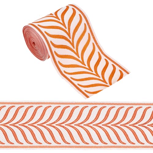 OLYCRAFT Jacquard-Band, bestickt, Blattmuster, gestreift, Jacquard-Polyester-Bänder, Blattmuster, Jacquard-Gewebe, Stickerei-Bordüre für Kleidung, Accessoires, 5 m, Orange von OLYCRAFT