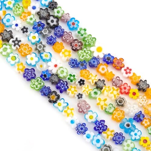 OLYCRAFT ca. 264 ~ 330 Stück Millefiori Lampwork Glasperlen 3,7 ~ 5,6 mm handgefertigte Blume Millefiori Lampwork Glasperlen 1 mm Loch Bunte Blume Abstandshalter lose Perlen für Halskette Schmuck von OLYCRAFT