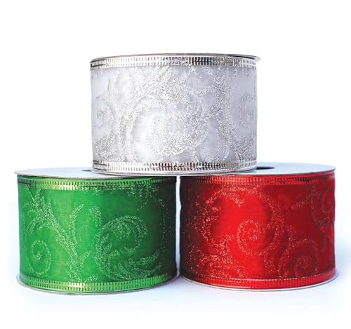 Weihnachtsband zum Verpacken von Geschenken, grün und rot, Drahtbänder, silberfarben, durchsichtig, Organza-Set, Geschenkpapier, Weihnachtsbaumdekoration, Basteln, Blumenarrangement, Zubehör und von OLYPHAN