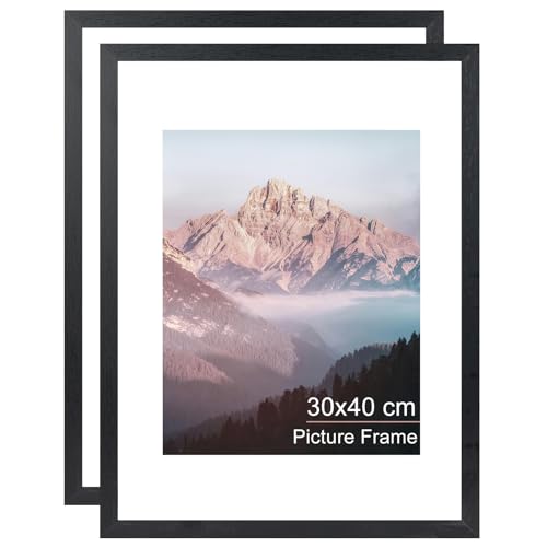 OMISHE 2 Pack Massivholz 30x40 Bilderrahmen Schwarz 30x40 cm Bilderrahmen mit 21,5x28 cm Passepartout und Plexiglasplatte, Holz 30x40 Rahmen zum Aufhängen, Schwarz, 2 Stück von OMISHE