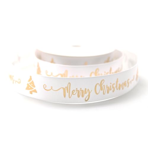 OMISS - Merry Christmas – weißes Band mit goldfarbener Schrift – Satinband 19 mm (weiß) von OMISS