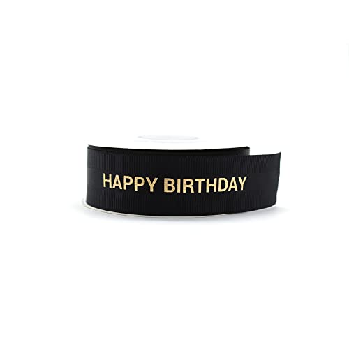 OMISS - Schleifenband "Happy Birthday", Schwarz mit goldfarbener Schrift aus Satin und grobkörniger Körnung – Breite 22 mm – ideal für Ihre Dekorationen und Geschenke (schwarz) von OMISS