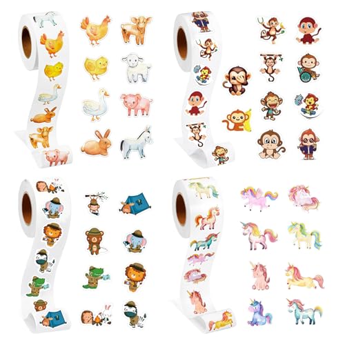 OMJMYY 2000 Stück Runde Cartoon Sticker Kinder,Aufkleber Kinder,Selbstklebende Sticker Tiere,Kinder Tier Belohnungssticker Stickerrolle mit 34 Cartoon-tiermotiven für Skateboard Gepäck Laptop von OMJMYY