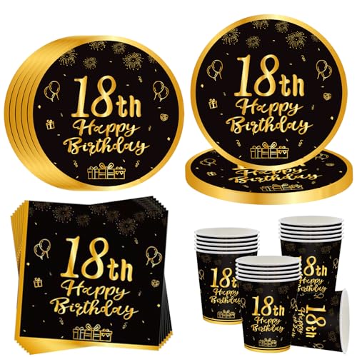 OMZSXK 18. Geburtstag Partygeschirr für 16 Gäste,Schwarz Gold 18. Geburtstag Partyteller Geburtstag Geschirr,18. Geburtstag Pappteller Becher Servietten für Männer Frauen Happy Birthday Decor von OMZSXK