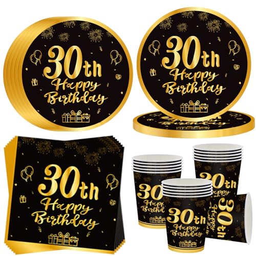 OMZSXK 30. Geburtstag Partygeschirr für 16 Gäste,Schwarz Gold 30. Geburtstag Partyteller Geburtstag Geschirr,30. Geburtstag Pappteller Becher Servietten für Männer Frauen Happy Birthday Decor von OMZSXK