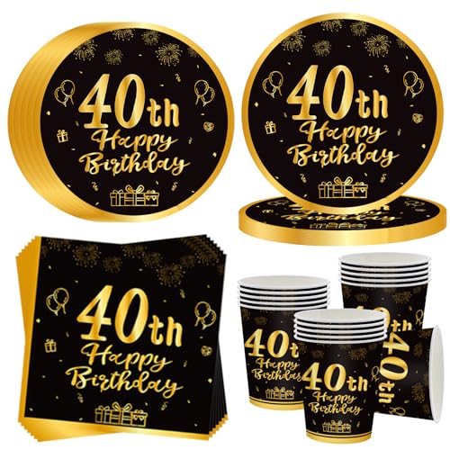 OMZSXK 40. Geburtstag Partygeschirr für 16 Gäste,Schwarz Gold 40. Geburtstag Partyteller Geburtstag Geschirr,40. Geburtstag Pappteller Becher Servietten für Männer Frauen Happy Birthday Decor von OMZSXK