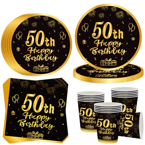 OMZSXK 50. Geburtstag Partygeschirr für 16 Gäste,Schwarz Gold 50. Geburtstag Partyteller Party Geschirr,50. Geburtstags Pappteller Becher Servietten für Männer Frauen Happy Birthday Decor von OMZSXK