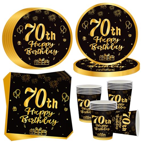 OMZSXK 70. Geburtstag Partygeschirr für 16 Gäste,Schwarz Gold 70. Geburtstag Partyteller Geburtstag Geschirr,70. Geburtstag Pappteller Becher Servietten für Männer Frauen Happy Birthday Decor von OMZSXK