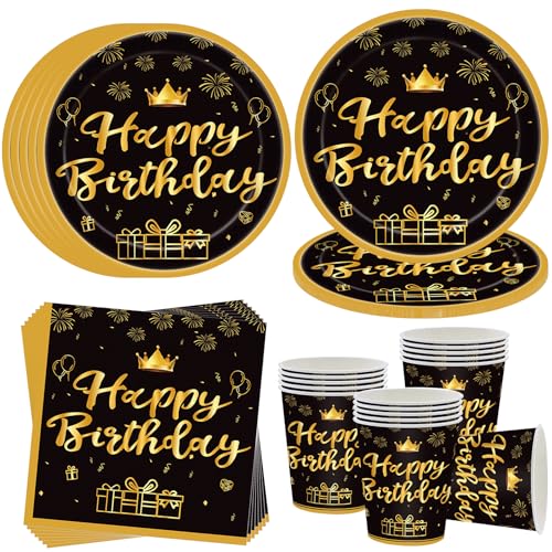 OMZSXK Schwarz Gold Partygeschirr für 16 Gäste,Happy Birthday Partyteller Party Geschirr Set,Geburtstagdeko Pappteller Becher Servietten,Männer Frauen Kinder Geburtstag Deko OMZSXK Schwarz Gold Partygeschirr für 16 Gäste,Happy Birthday Partyteller Party Geschirr Set,Geburtstagdeko Pappteller Becher Servietten,Männer Frauen Kinder Geburtstag Deko von OMZSXK
