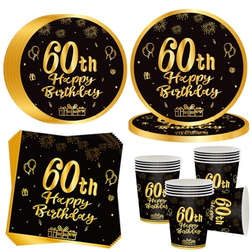 OMZSXK 60. Geburtstag Partygeschirr für 16 Gäste,Schwarz Gold 60. Geburtstag Partyteller Geburtstag Geschirr,60. Geburtstag Pappteller Becher Servietten für Männer Frauen Happy Birthday Decor von OMZSXK