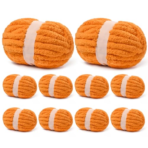 (10 Knäuel) Orange flauschiges Chenille-Garn zum Häkeln, super Jumbo-sperriges Garn für Handstricken, Decke, großes weiches, dickes Häkelgarn (je 22 Meter) von OMoiut