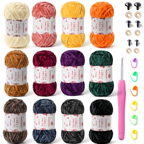 12 Stück Chenille-Garn – Babygarn zum Häkeln weich – Rot, Lila, Grün, Rosa, Grau, Blau, Schwarz, Weiß, Samtgarn, Häkeldecke – Amigurumi-Garnpaket mit Häkelzubehör F von OMoiut