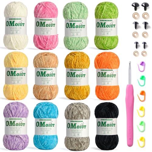 12 Stück mehrfarbiges, flauschiges Chenille-Garn, flauschiges Samt-Babydeckengarn zum Häkeln, ausgefallenes Garn für Bastelarbeiten, (je 100 g) weiches Amigurumi-Häkelgarn-Set von OMoiut