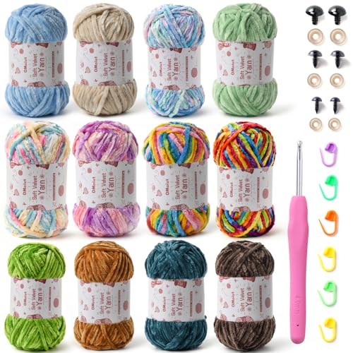 12er-Pack Chenille-Garn – Babygarn zum Häkeln weich – Weiß, Rot, Rosa, Gelb, Blau, Regenbogen-Samtgarn, Häkeldecke – Amigurumi-Garnpaket mit Häkelzubehör C von OMoiut