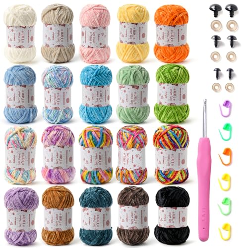 20 Stück Chenille-Garn – Babygarn zum Häkeln weich – Weiß, Schwarz, Braun, Grün, Rot, Rosa, Blau, Regenbogen-Samtgarn, Häkeldecke – Amigurumi-Garnpaket mit Häkelzubehör von OMoiut