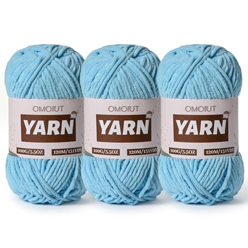 3 Packungen Plüsch Chenille Chunky Häkelgarn – Babygarn zum Häkeln weich – Samtgarn Stricken für Decken Handwerk – Flauschiges Amigurumi-Garn 300 g (3 Azur) von OMoiut