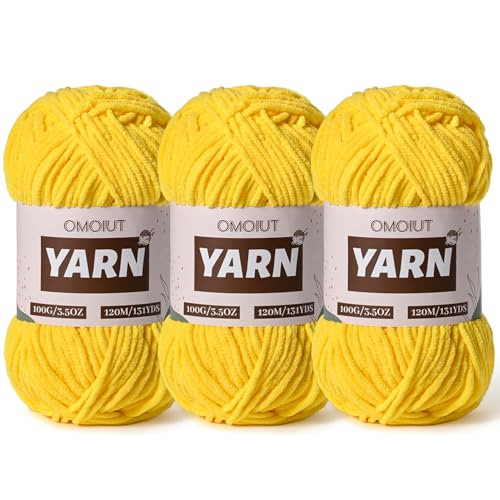 3 Packungen Plüsch Chenille Chunky Häkelgarn – Babygarn zum Häkeln weich – Samtgarn Stricken für Decken Handwerk – Flauschiges Amigurumi-Garn 300 g (3 Gelb) von OMoiut