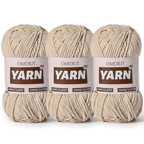 3 Packungen Plüsch Chenille Chunky Häkelgarn – Babygarn zum Häkeln weich – Samtgarn Stricken für Decken Handwerk – Flauschiges Amigurumi-Garn 300 g (3 Hellkhaki) von OMoiut