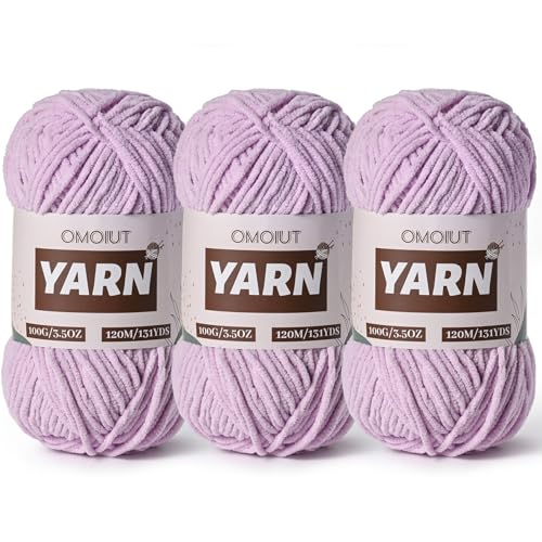 3 Packungen Plüsch Chenille Chunky Häkelgarn – Babygarn zum Häkeln weich – Samtgarn Stricken für Decken Handwerk – Flauschiges Amigurumi-Garn 300 g (3 Hellviolett) von OMoiut