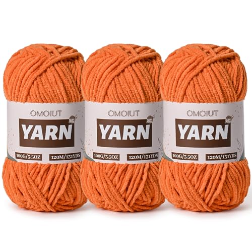 3 Packungen Plüsch Chenille Chunky Häkelgarn – Babygarn zum Häkeln weich – Samtgarn Stricken für Decken Handwerk – Flauschiges Amigurumi-Garn 300 g (3 Orange) von OMoiut