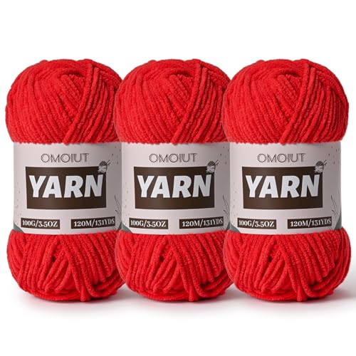 3 Packungen Plüsch Chenille Chunky Häkelgarn – Babygarn zum Häkeln weich – Samtgarn Stricken für Decken Handwerk – Flauschiges Amigurumi-Garn 300 g (3 Rot) von OMoiut