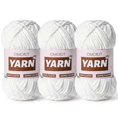 3 Packungen Plüsch Chenille Chunky Häkelgarn - Babygarn zum Häkeln weich - Samtgarn Stricken für Decken Handwerk - Flauschiges Amigurumi-Garn 300g / 393yd (3 Schneeweiß) von OMoiut