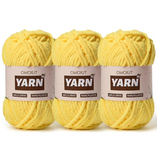 3 Packungen Plüsch Chenille Chunky Häkelgarn – Babygarn zum Häkeln weich – Samtgarn Stricken für Decken Handwerk – flauschiges Amigurumi-Garn 150 g (3 Gelb) von OMoiut