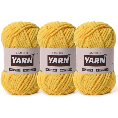 3 Packungen Plüsch Chenille Chunky Häkelgarn – Babygarn zum Häkeln weich – Samtgarn Stricken für Decken Handwerk – flauschiges Amigurumi-Garn 150 g (3 Goldgelb) von OMoiut