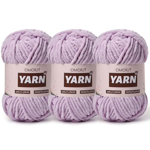 3 Packungen Plüsch Chenille Chunky Häkelgarn – Babygarn zum Häkeln weich – Samtgarn Stricken für Decken Handwerk – flauschiges Amigurumi-Garn 150 g (3 Hellviolett) von OMoiut